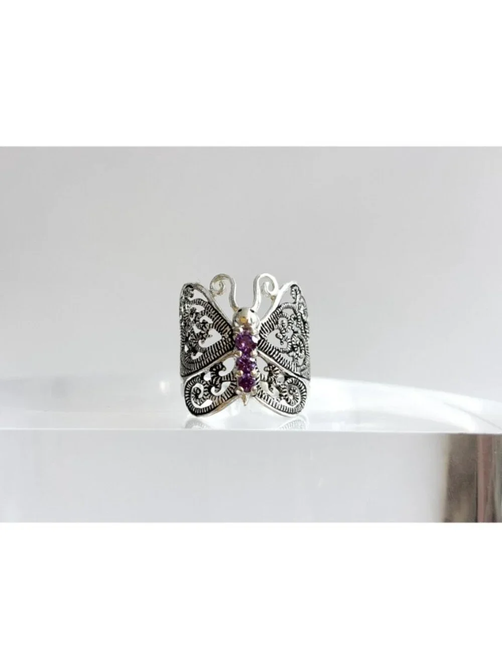 Butterfly Figural Amethyst Gemstone Sterling Silver 925 Vintage Ring - sz 8.5
